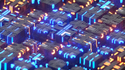 Futuristic techno structure of metallic cubes 3D render illustration