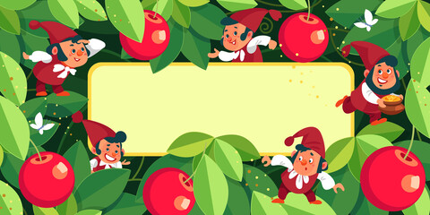 Fototapeta premium Frame magic garden with fruits and gnomes by there is copy space for adding text. Colorful frame. Background concept. Vector illustration.