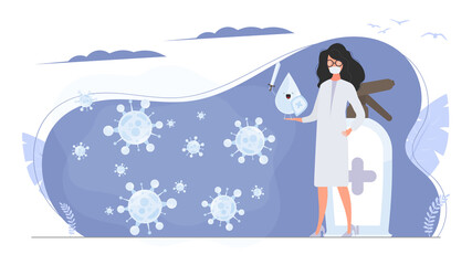 Obraz premium Girl doctor holds a sanitizer in her hands. Medical woman in a white coat. A drop with a sword and shield surrounded by virus molecules. Disinfectant in flat style. 