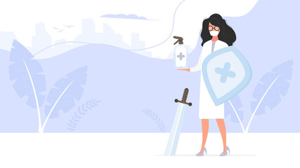 Medic girl in a white suit with a shield and a sword. Female doctor in a medical mask holds a nebulizer. Disinfectant in flat style. Vector.