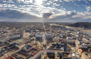 Aerial drone shot of Budapest City center square in Winter morning