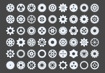 Cogwheels large set. Metal snowflakes industrial components for mechanisms round gear with numerous teeth and spacers hole tracery and graphic engineering powerful transmissions. Vector circle.