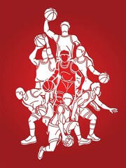 Group of Basketball players action cartoon sport graphic vector.