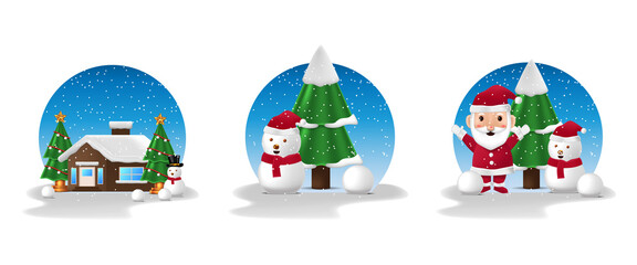 merry christmas and happy new year winter illustration season with snowman, christmas tree, santa claus