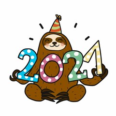 2021 Sloth celebrating new year cartoon vector illustration