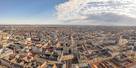 Aerial panoramic drone shot of St. Stephen Basilica at Budapest winter morning