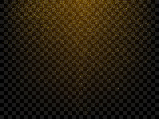 Vector golden light effect isolated on dark transparent background. Decorative sparkles, glowing glitter dust and shiny particles.