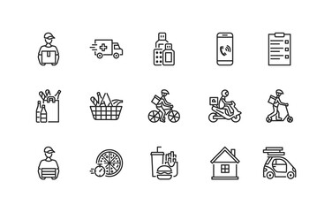 Food and medicines delivery flat icon set. Vector illustration couriers on different transport, motorbike, car, bike and scooter. Pizza delivery. Editable strokes