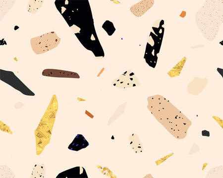 Modern seamless terrazzo pattern. Hand drawn trendy abstract illustrations. Creative collage seamless pattern. 