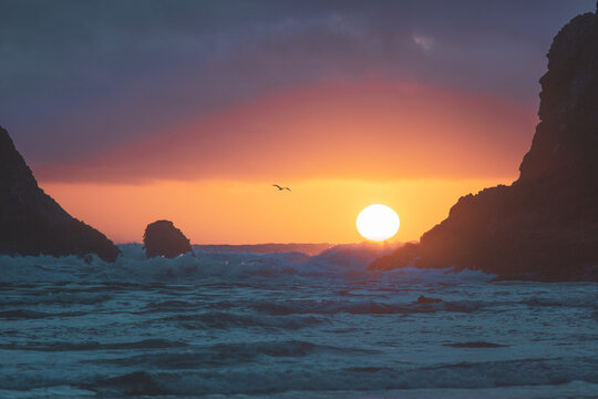 Beautiful Beach Sunset, Dramatic Landscape, Sun Setting on Pacific Coast