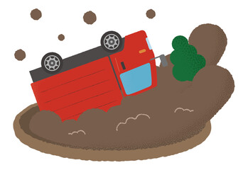 土砂災害に遭う赤いトラックのベクターイラスト