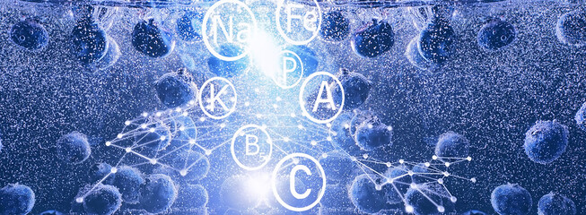 Water drops on ripe sweet blueberry. Fresh blueberries background with copy space for your text. Vegan and vegetarian concept.