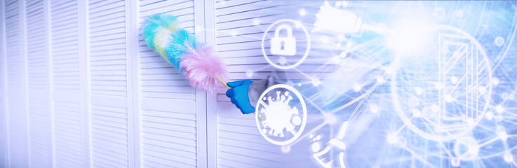 House cleaning concept. Wipe dust off surfaces. Disinfectant treatment of door handles TV...