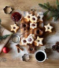 Composition with tasty Christmas cookies on wooden background. Flat lay.