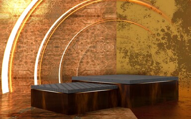 3d rendering schene with gold grunge eements and podium