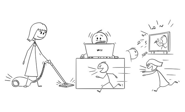 Vector cartoon stick figure illustration of frustrated or stressed man or businessman. Trying to work at home office with kids around during coronavirus covid-19 pandemic quarantine.