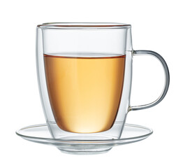 Glass cup of green tea isolated on white