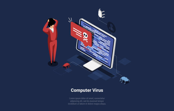 Concept Vector Illustration Of Computer Virus Alert. Cartoon Isometric Male Character Shocked Near PC Screen With Writings And Small Technological Beetles Crawling. 3D Art On Dark Blue Background