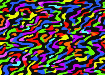 Psychedelic Abstract Background. Neon colors and black pattern. Vector illustration for surface design, print, poster, icon, web, graphic designs.