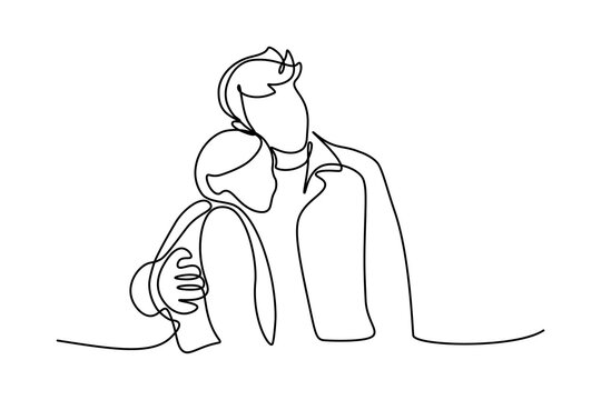 Portrait of happy сouple in continuous line art drawing style. Man in love put his arms around girlfriend. Love and friendship black linear sketch isolated on white background. Vector illustration