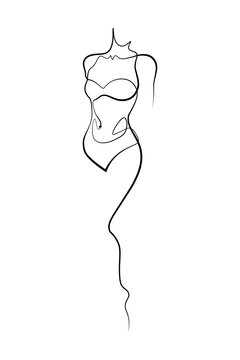 Beautiful Female Body In Continuous Line Art Drawing Style. Slim Woman Torso Minimalist Black Linear Sketch Isolated On White Background. Vector Illustration