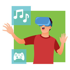 The happy expression of a young boy listening to music using vr