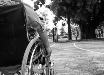 Obraz premium Rear of disabled woman sitting in wheelchair relax in the outdoor public park. Black and white style tone.