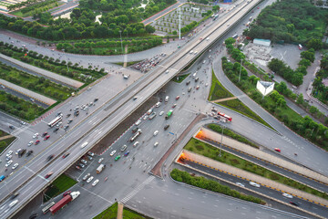 Hanoi street aerial view during sunset period at intersection Khuat Duy Tien - Tran Duy Hung st in 2020