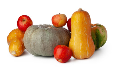 Pumpkins and red apples isolated on white background