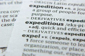 Word or phrase Expeditious in a dictionary.