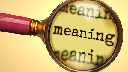 Examine and study meaning, showed as a magnify glass and word meaning to symbolize process of analyzing, exploring, learning and taking a closer look at meaning, 3d illustration