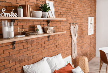 Interior of modern stylish bedroom with shelves