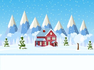 Obraz na płótnie Canvas Christmas landscape background with snow and tree. Merry christmas holiday. New year and xmas celebration. Vector illustration in flat style
