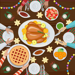 Christmas dinner, food and decor. Hands over the festive table, roast goose. Vector illustration