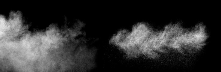Fototapeta na wymiar Clouds on black backdrop. Light flowing smoke isolated on black background. Wide realistic illustration
