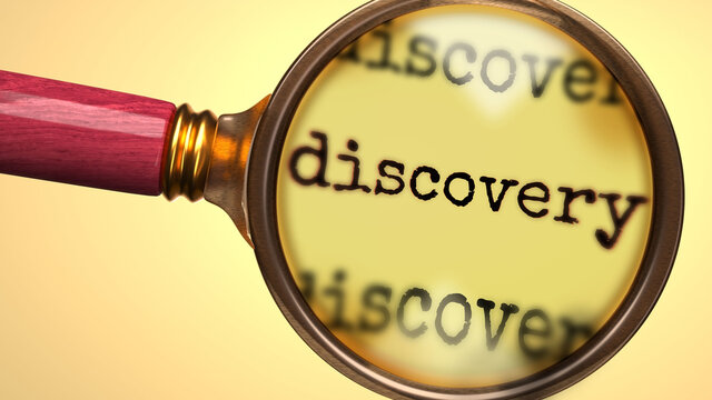 Examine and study discovery, showed as a magnify glass and word discovery to symbolize process of analyzing, exploring, learning and taking a closer look at discovery, 3d illustration