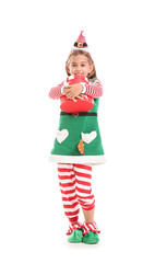 Cute little elf with Christmas gifts on white background