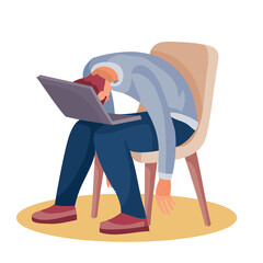 a man sits on a chair and rested his head on a laptop which is on his knees, fatigue, depression, impotence, isolated object on a white background, vector illustration,