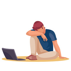 a man sits tiredly on the floor and bowed his head on his knees, next to him is a laptop, fatigue, depression, impotence, isolated object on a white background, vector illustration,