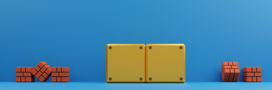 Minimal scene brick block and yellow steel block with white cloud on blue background. Geometric shape.3D rendering.Use For Product Showcase..wide panorama banner background.