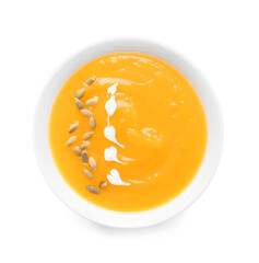 Tasty pumpkin cream soup in bowl on white background