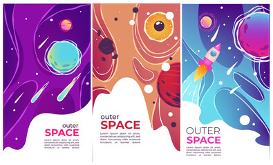 Fototapeta na wymiar Outer space comets and launching rockets banners vector