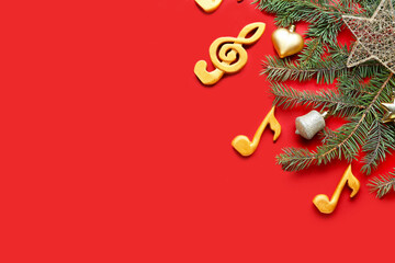 Note signs and Christmas decor on color background