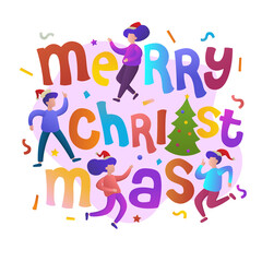 Colorful vector illustration with young happy dancing people. People celebrate New Year or Christmas.