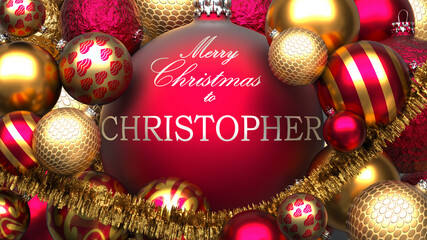 Luxury, golden and red Christmas ornament balls with a phrase christopher to show the symbolize warmth and importance of Christmas Holidays, 3d illustration