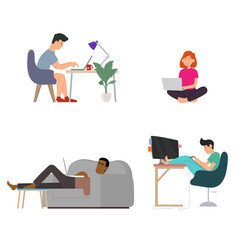 isolated people in various poses work remotely on a computer.