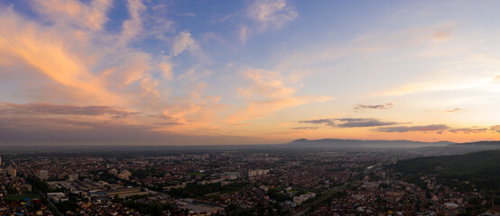Panoramic aerial view of scenic sunset at Zagreb residential area, Croatia.