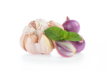 Shallots and garlics isolated on white background.
