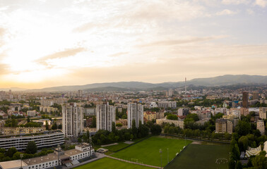 Aerial view of sunset illuminating Zagreb residential area, Croatia.