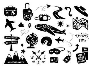 Traveling black silhouettes, kids travel or vacation clipart bundle - plane, palm tree, suitcase, air tickets, map, globe, road pointer, camera, backpack - isolated elements on white background vector © Maria Zamchiy 